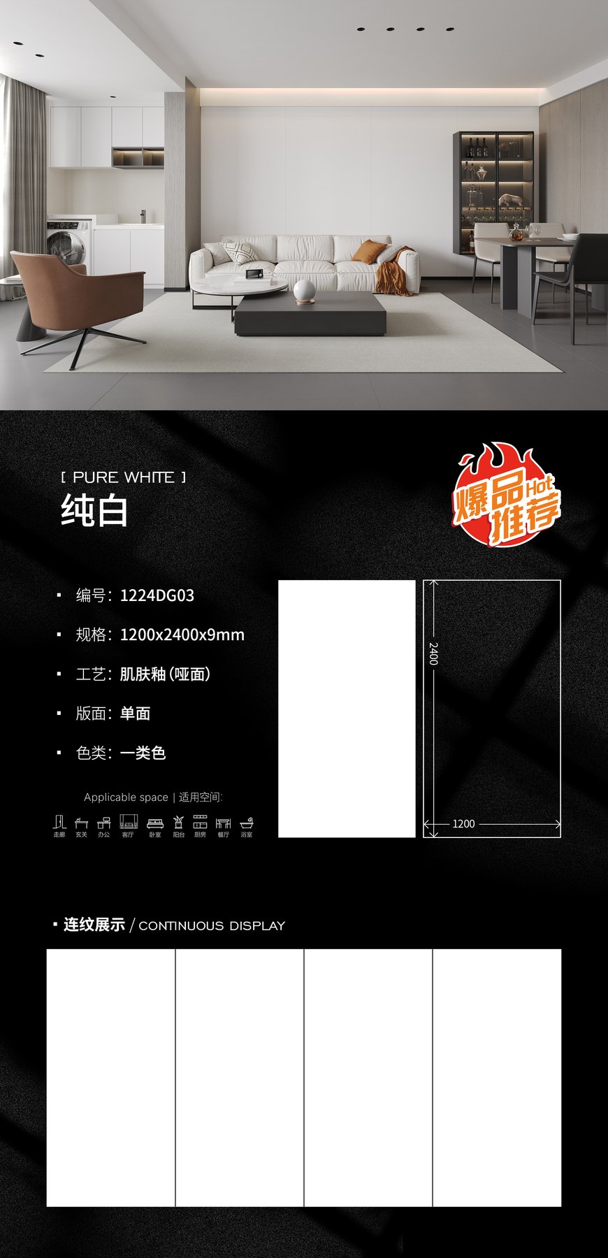 1224DG03 · 1200×2400 mm · 9 mm · Matte sintered stone