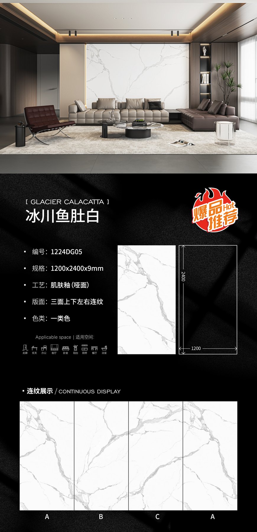 1224DG05 · 1200×2400 mm · 9 mm · Matte sintered stone