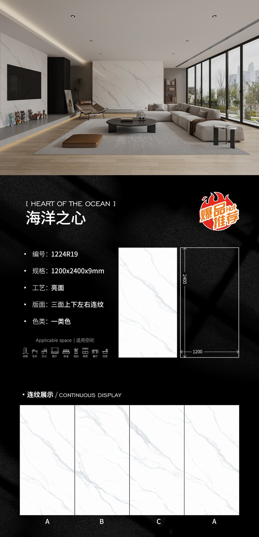 1224R19 · 1200×2400 mm · 9 mm · Glossy sintered stone