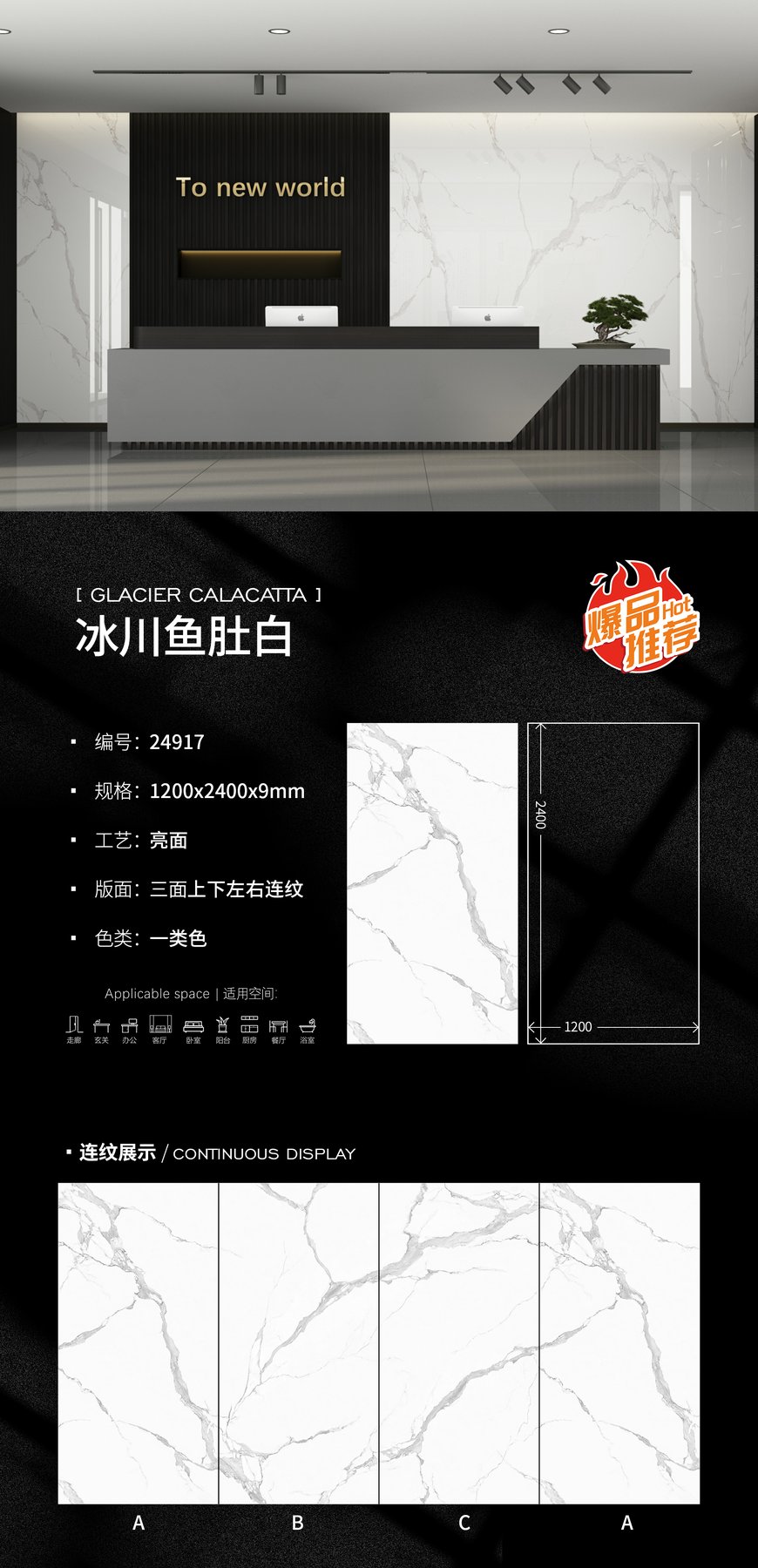 24917 · 1200×2400 mm · 9 mm · Glossy sintered stone