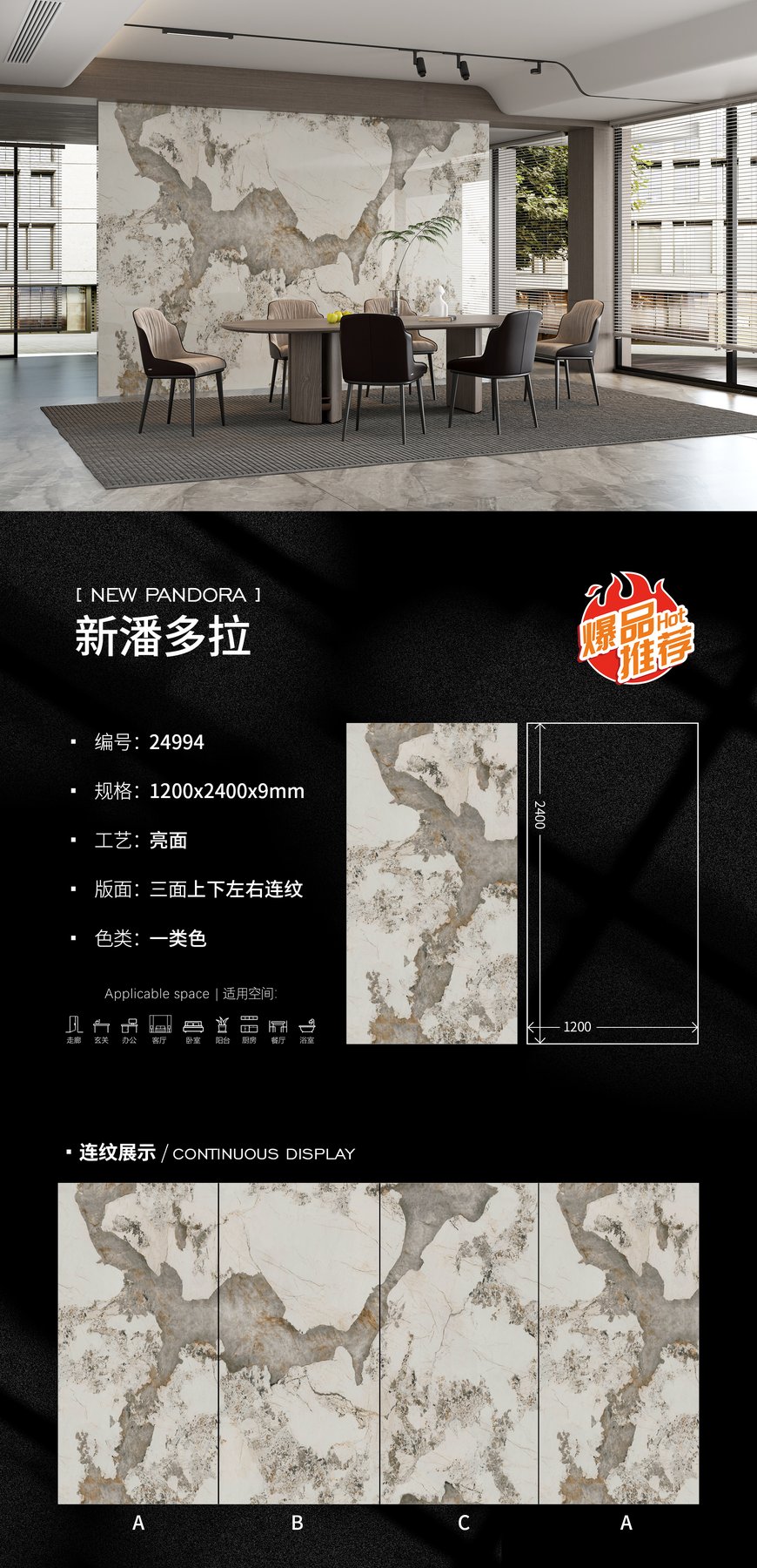 24994 · 1200×2400 mm · 9 mm · Glossy sintered stone