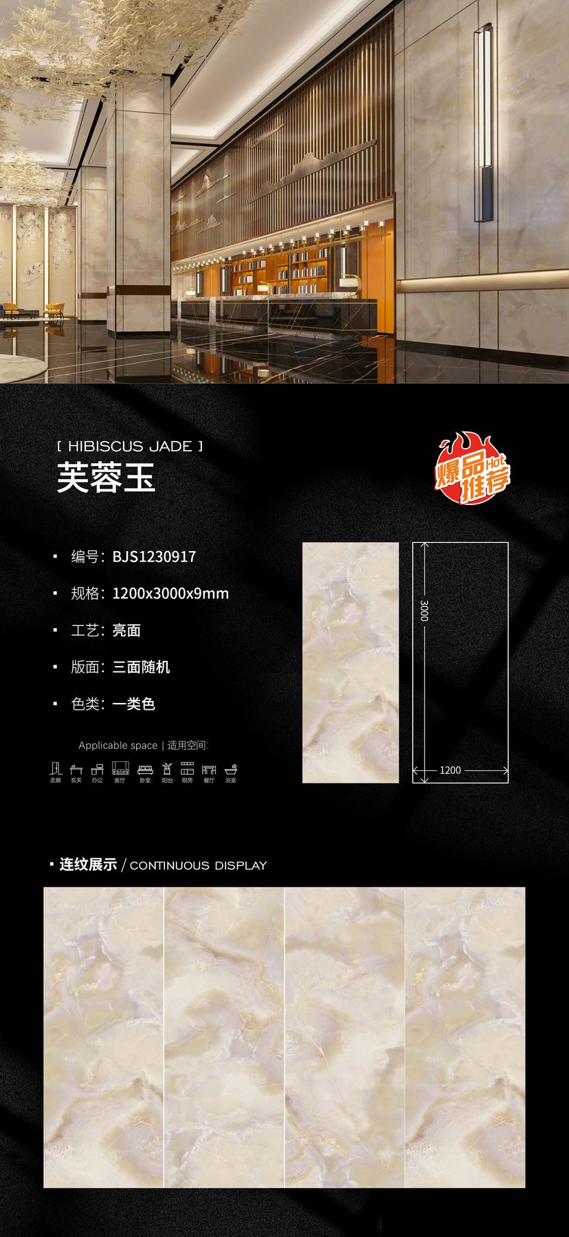 BJS1230917 · 1200×3000 mm · 9 mm · Glossy sintered stone