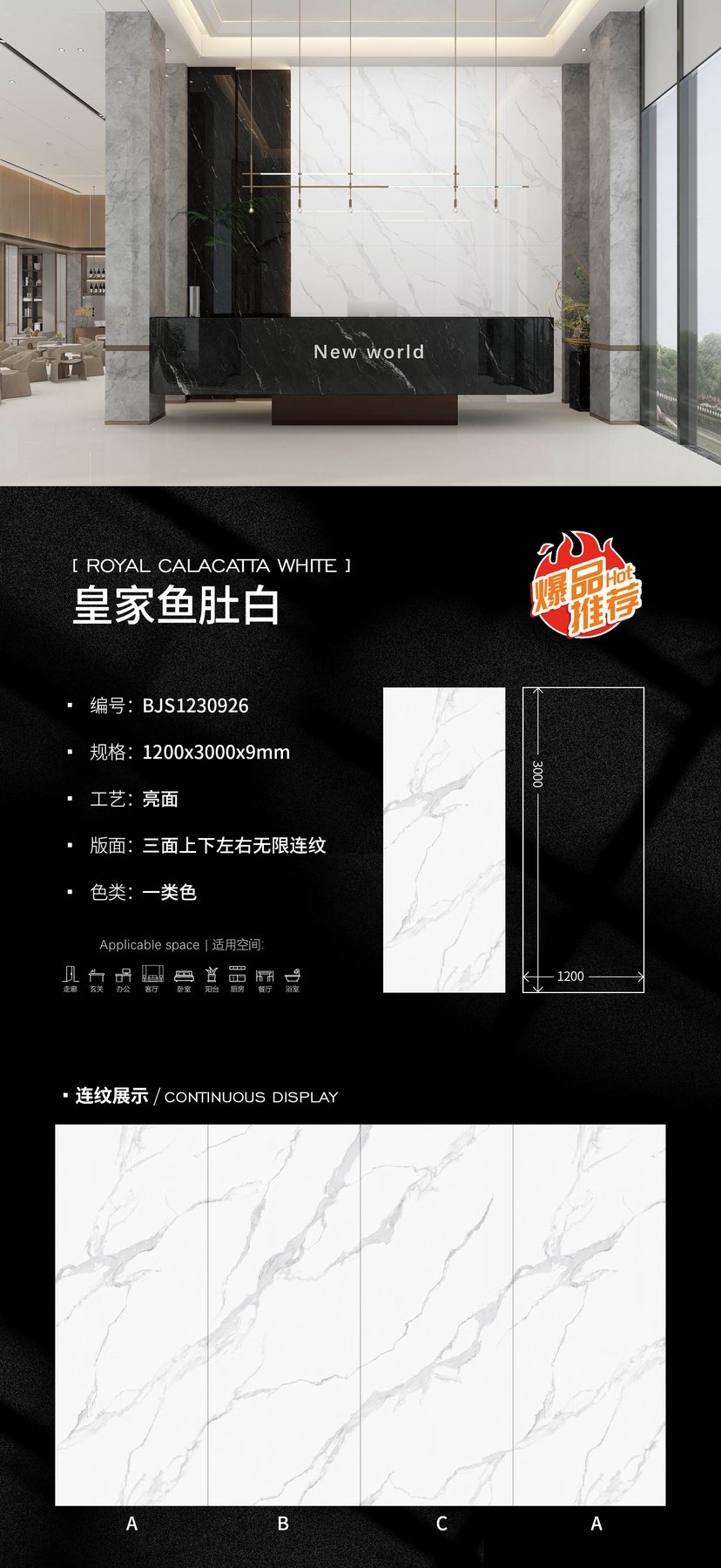 BJS1230926 · 1200×3000 mm · 9 mm · Glossy sintered stone