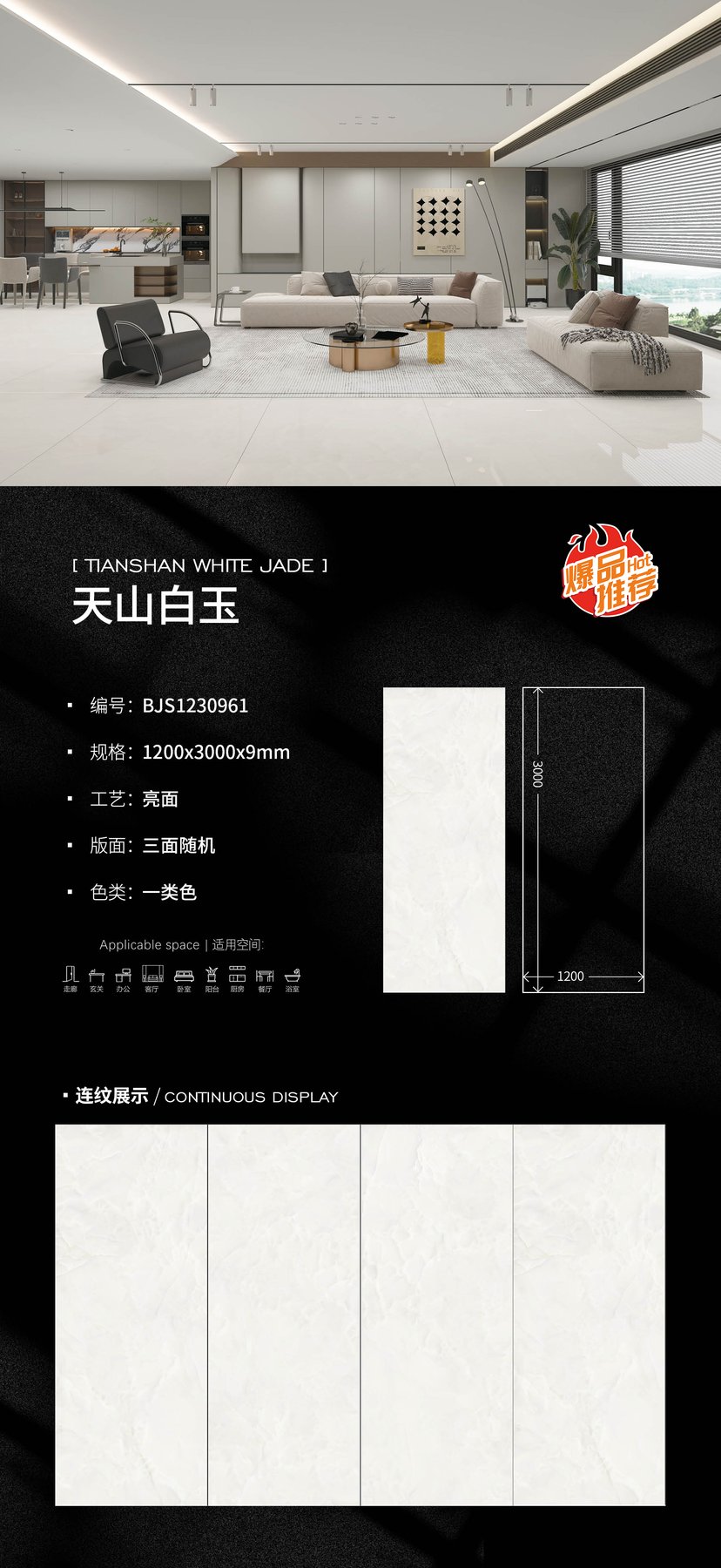BJS1230961 · 1200×3000 mm · 9 mm · Glossy sintered stone
