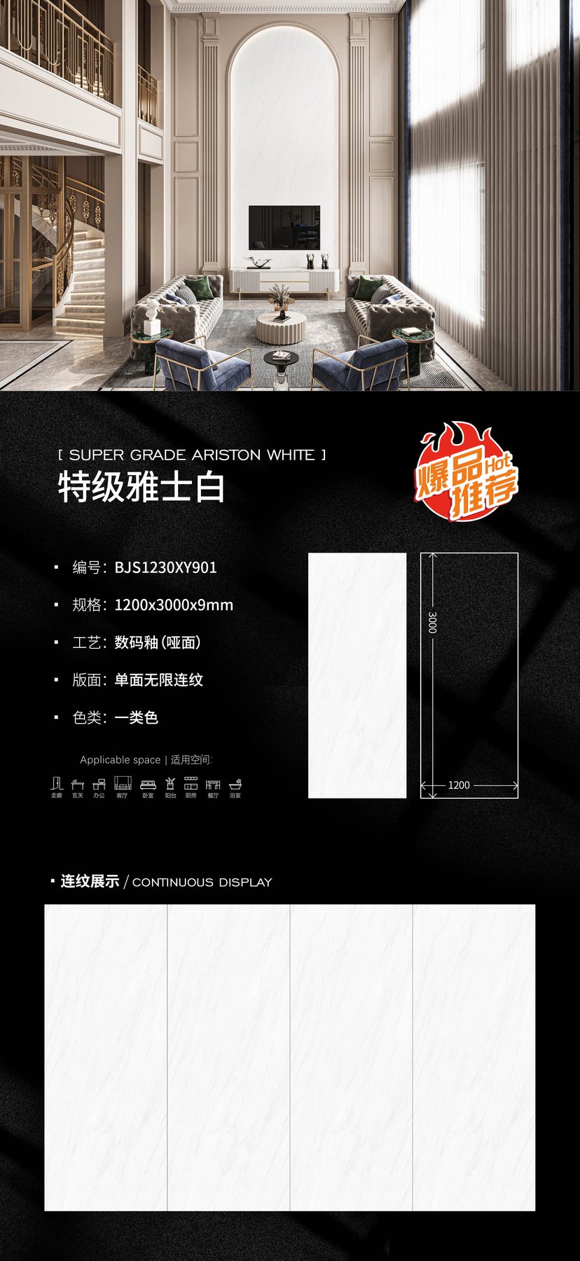 BJS1230XY901 · 1200×3000 mm · 9 mm · Matte sintered stone