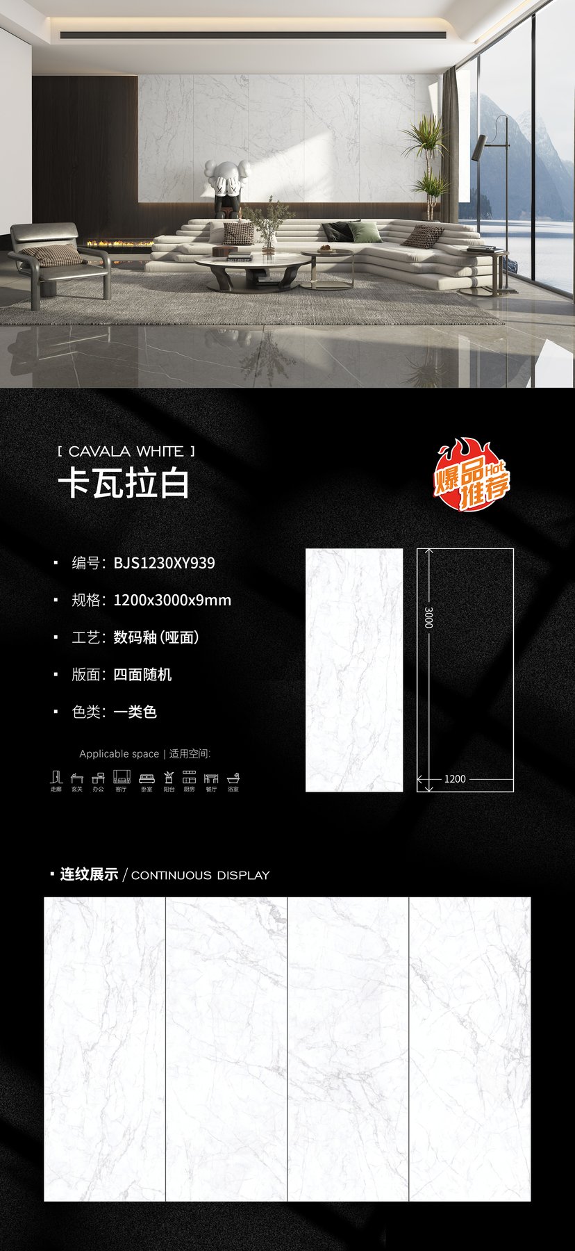 BJS1230XY939 · 1200×3000 mm · 9 mm · Matte sintered stone